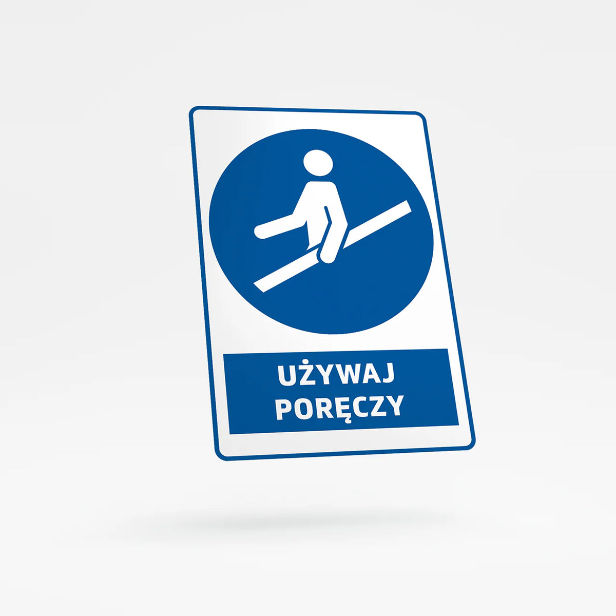 Mandatory sign with text - use handrail