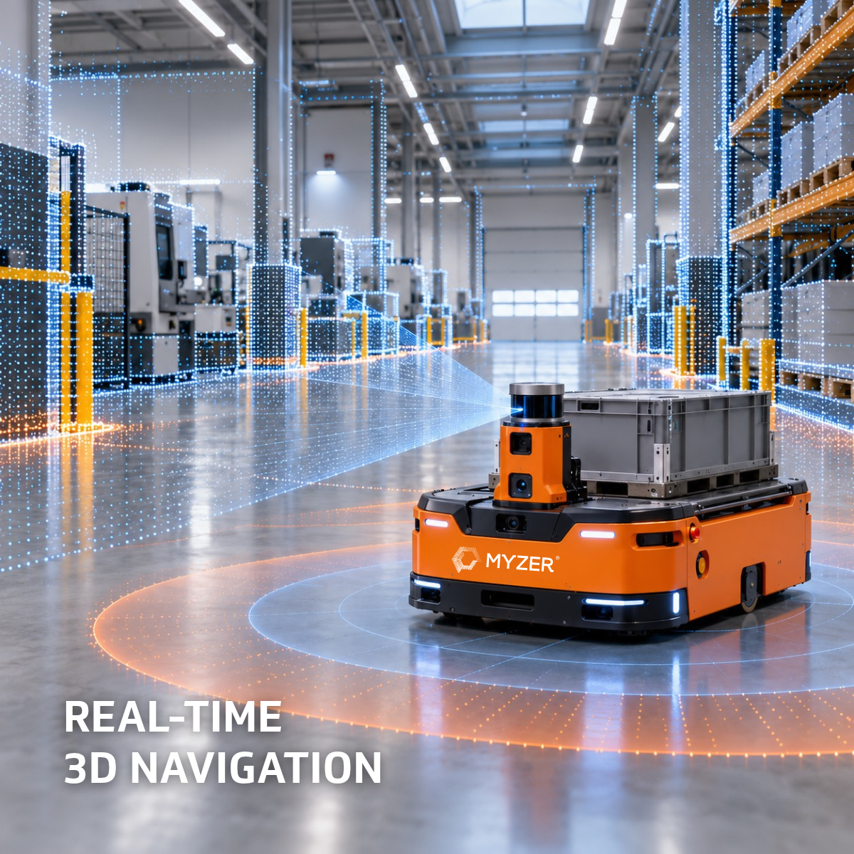 Robot, który sam buduje mapę hali 🗺️ W robotach AGV Myzer skaner 3D jest częścią pojazdu. Robot skanuje obszar, po któr