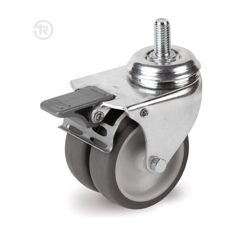 Twin non-marking thermoplastic rubber wheels, swivel castor with a stem and a brake — TR-38-GEM-L-SRC-FR