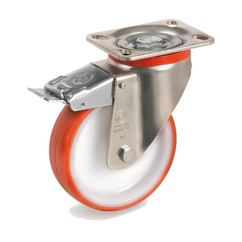 Thermoplastic polyurethane wheel, swivel castor P with a top plate and a brake — TR-60-SRP-P-FRA