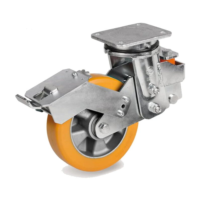 TR polyurethane wheel, swivel castor with a top plate and a brake — TR-65HT-SRP-MOL-FR